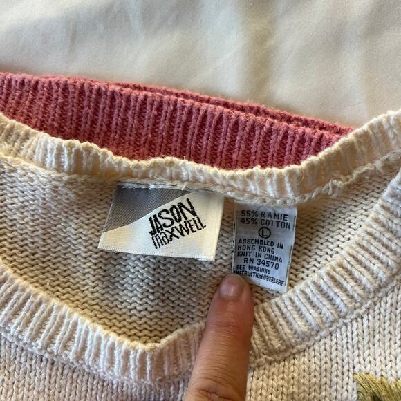 Vtg 80s 90s Pink White Floral Embroidered Knit Pullover Sz L Cottagecore - Picture 6 of 7